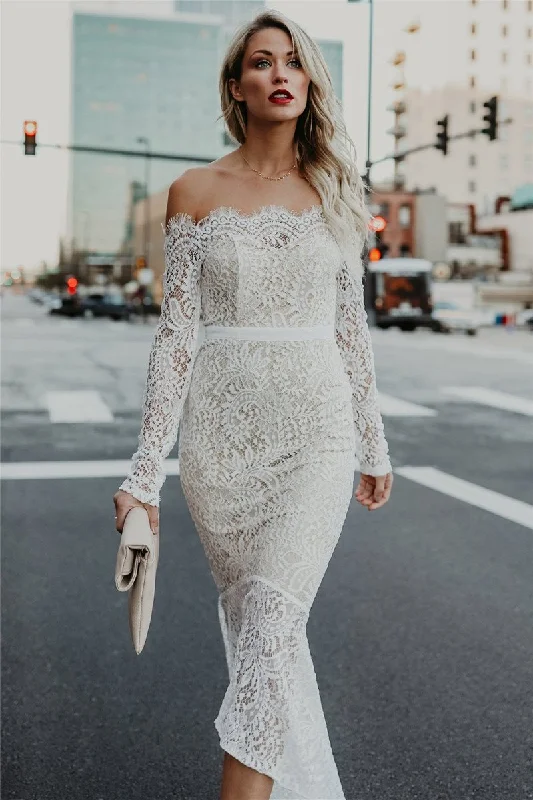 WanaDress Off Shoulder Fishtail Hem Long Sleeve Lace Dress