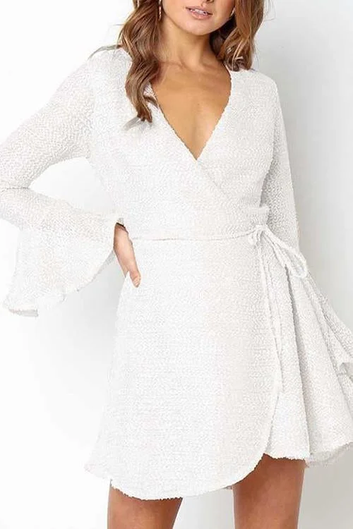 WanaDress V-Neck Flare Sleeves White A-Line Mini Dress