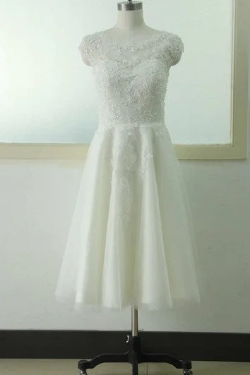 A-Line Knee-Length Cap Sleeve Beaded Zipper Back Lace Dress