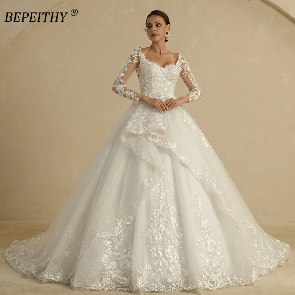 Glitter Ivory Ball Gown Wedding Dresses Full Sleeves For Women