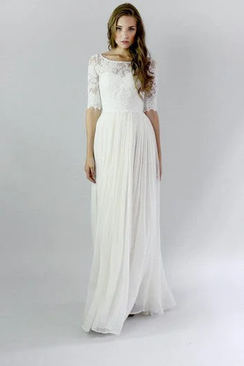 Button Back Sheath Chiffon Wedding Dress With Lace And Pleats