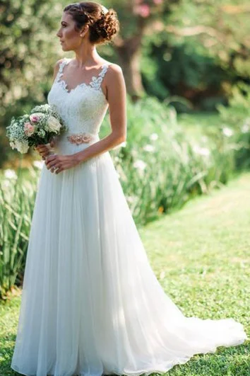 Casual Straps Chiffon Lace A Line Floor-length Brush Train Sleeveless Wedding Dress