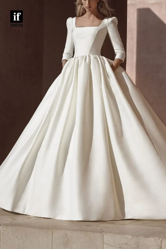 71298 - Elegant Ball Gown Long Sleeves Pleated Satin Beach Wedding Dress with Pockets