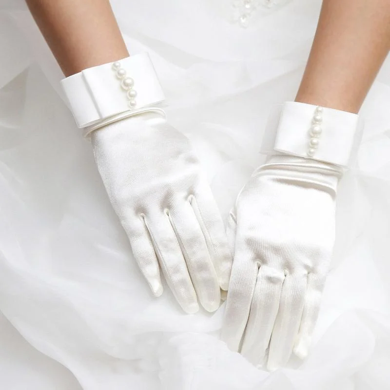 Elegant Elastic Short  Pearly Satin Wedding Gloves For Brides