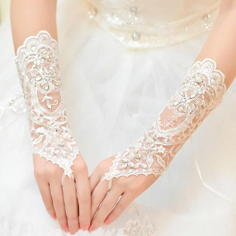 Fingerless Royal Court "A" Font Design Rhinestone Beading Lace Wedding Gloves