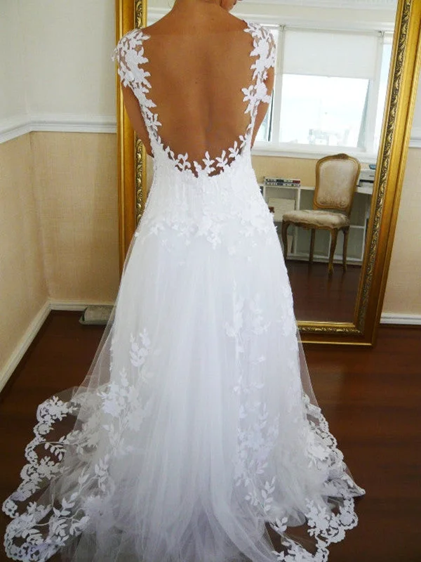 Long Ball Gown Backless White Lace Wedding Dresses, Prom Dress, Formal Dresses, Backless Lace Bridal Dress