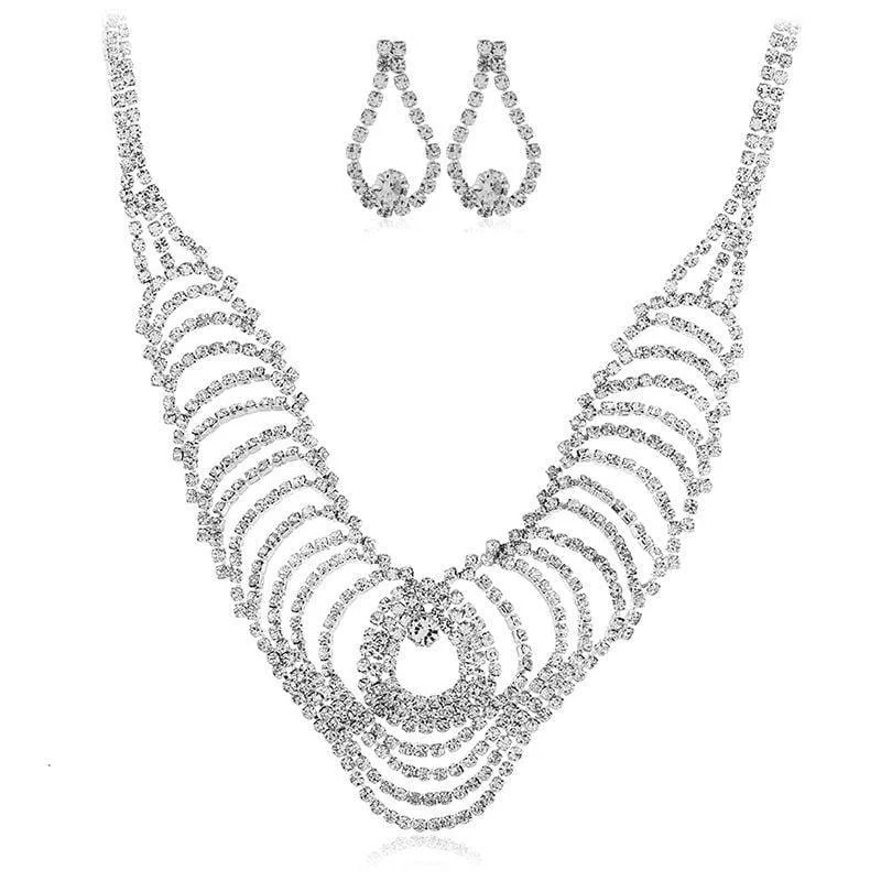 Wedding Jewelry Shiny Rhinestone Drop Design Necklace Earrings Set