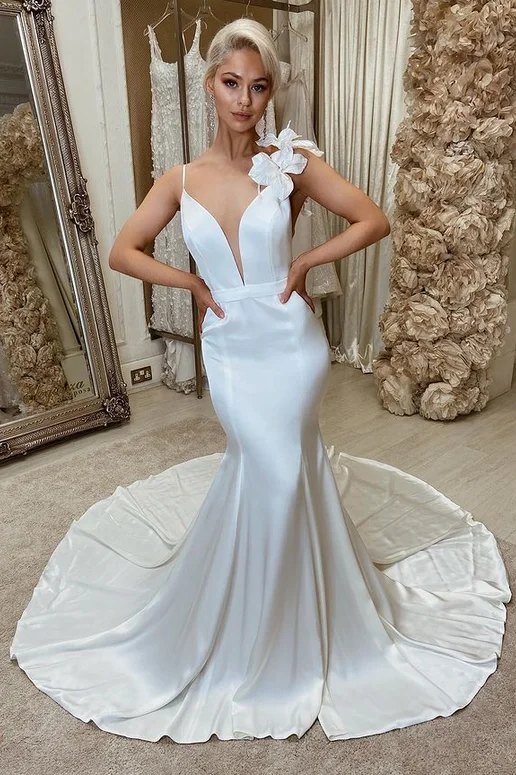 White Satin Backless Mermaid Wedding Dress with Flowers