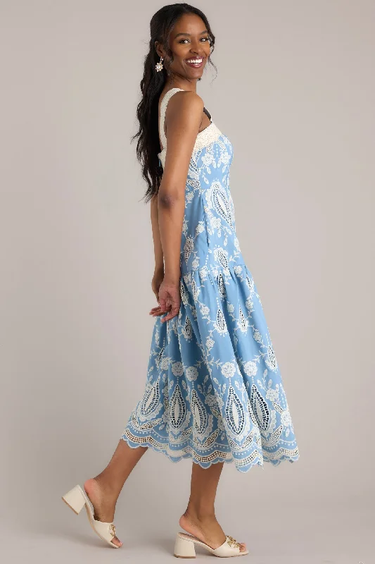 Forever Remembered Ash Blue Floral Embroidered Midi Dress