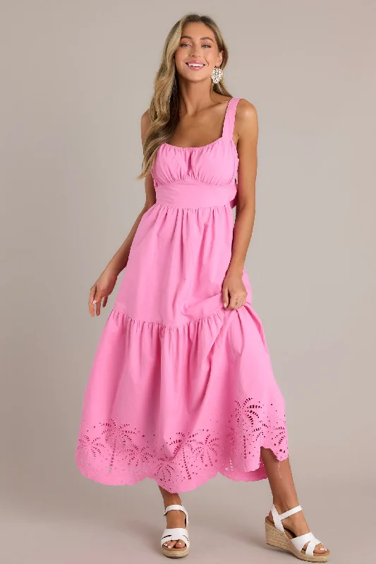 Garden Breeze 100% Cotton Pink Eyelet Midi Dress