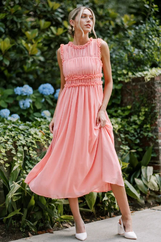 Graceful Gathering Pink Coral Sleeveless Midi Dress