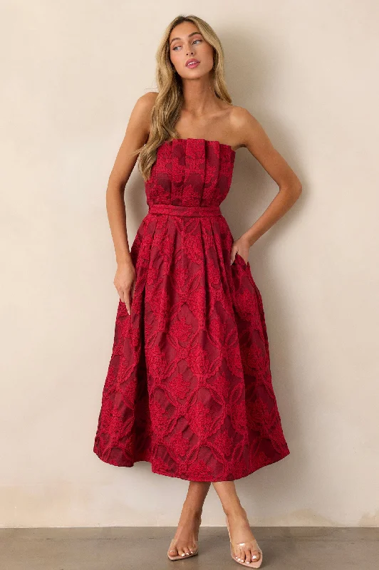 Moonstone Dreams Ruby Red Floral Jacquard Midi Dress