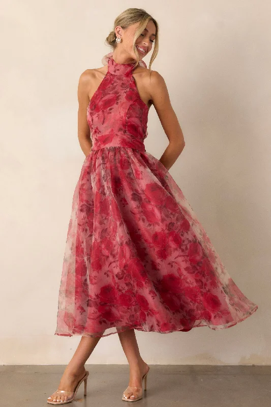 Morning Song Brick Red Floral Halter Midi Dress