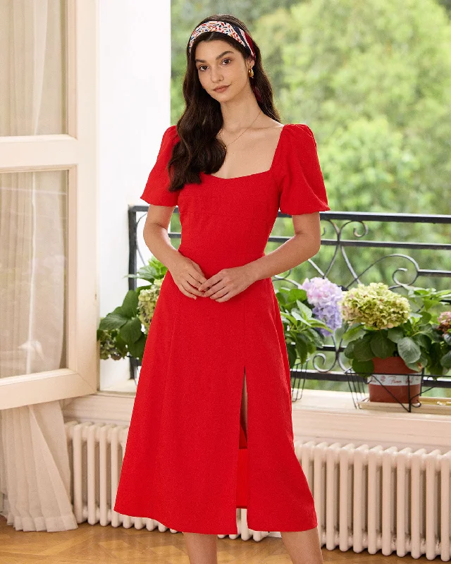 The Red Sweetheart Neck Slit Midi Dress