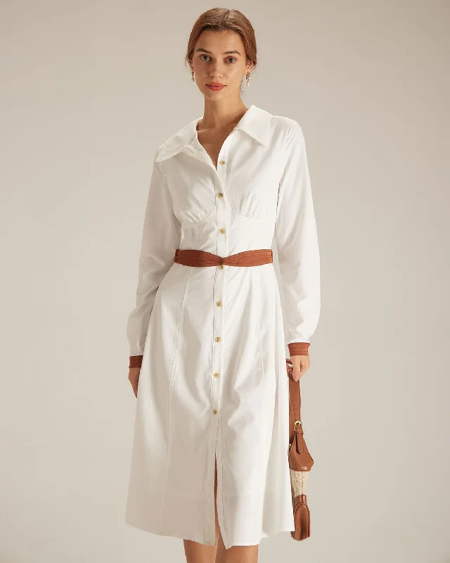 The White Colorblock Belted Shirt Midi Dress