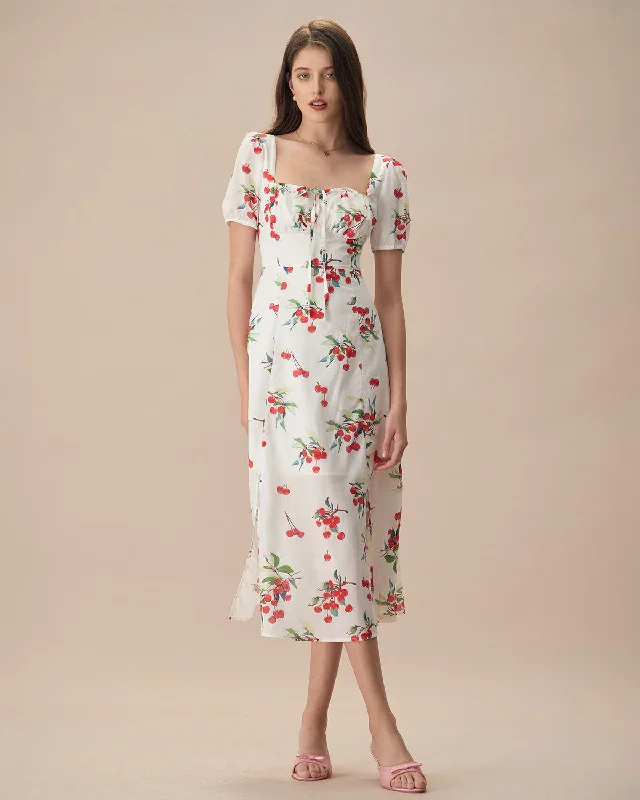 The White Puff Sleeve Cherry Split Midi Dress