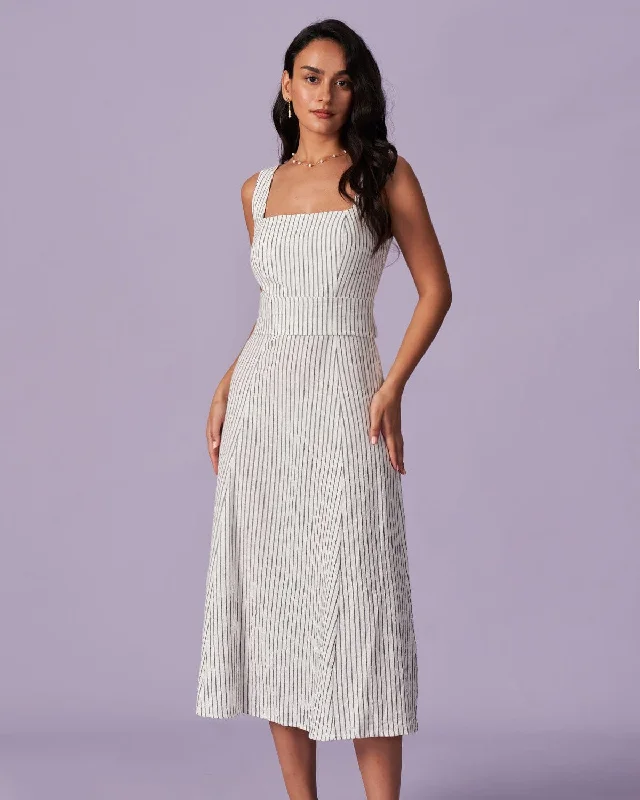 The White Square Neck Striped Midi Dress