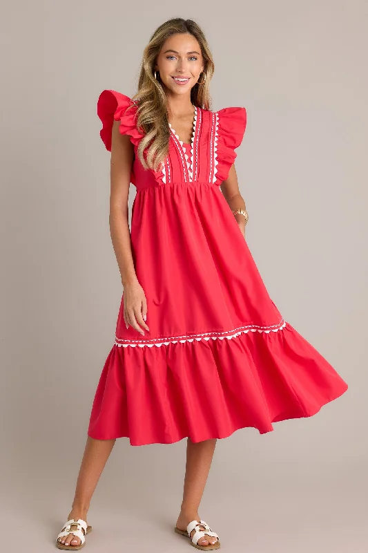 Wishful Thinking Red Flutter Sleeve Midi Dress