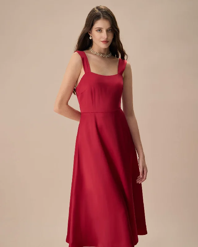 Women's Red Satin Slip Midi Dress