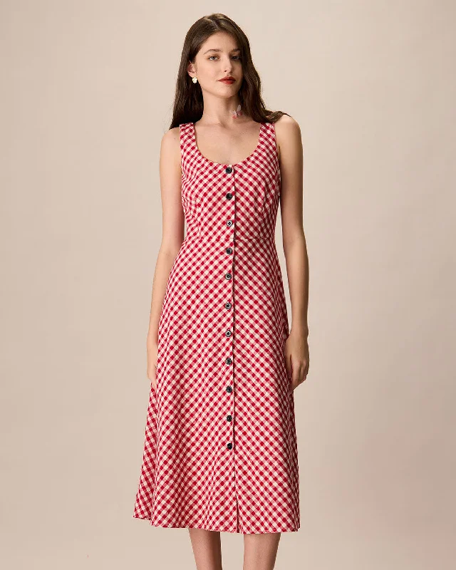 Women's Red U-Neck Plaid Midi Dress