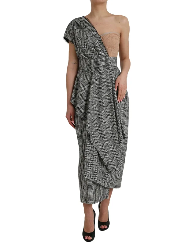 Dolce & Gabbana Gray Beige Layered One Shoulder Maxi Women's Dress