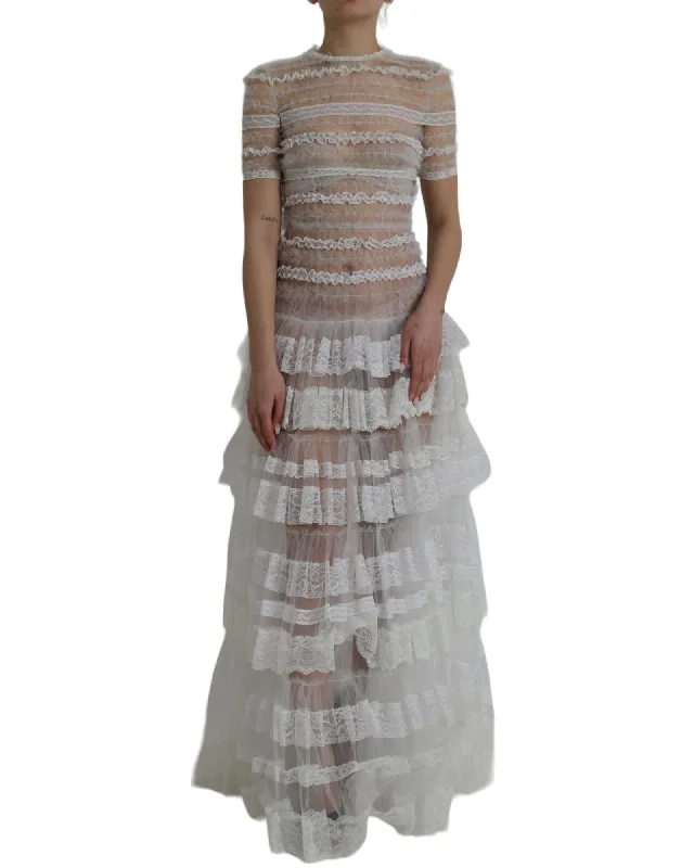 Dolce & Gabbana Sheer Tiered Lace Maxi Dress in  Nylon