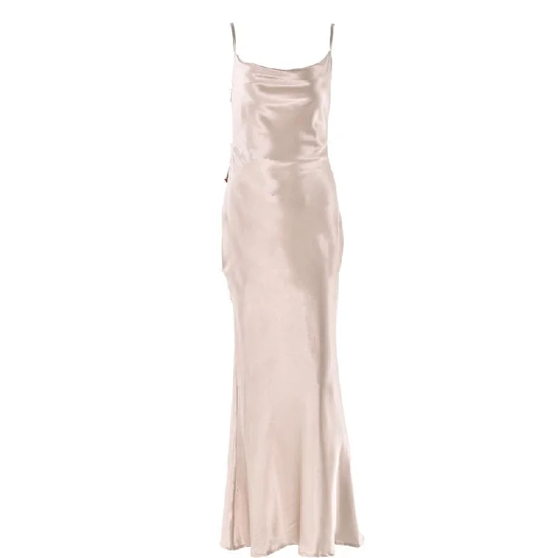 Cowl neck satin flower applique backless cami maxi dress