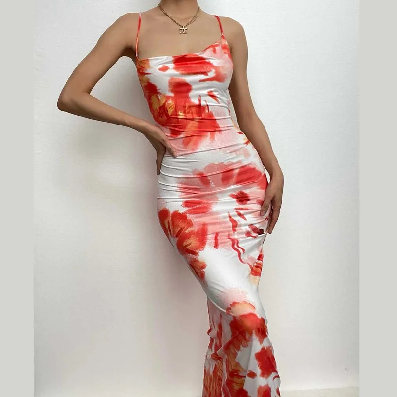 Cross open back tie dye maxi dress