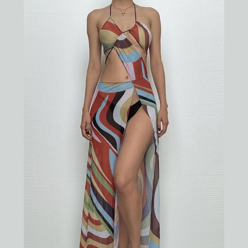 Halter print contrast high slit sheer mesh maxi dress