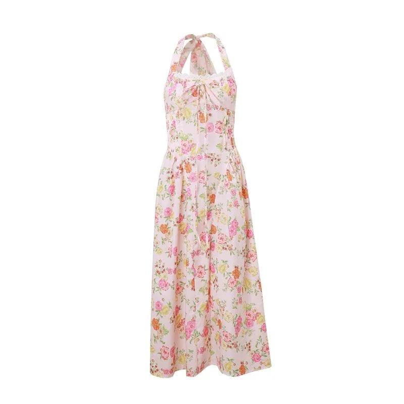 Halter print lace hem knotted maxi dress