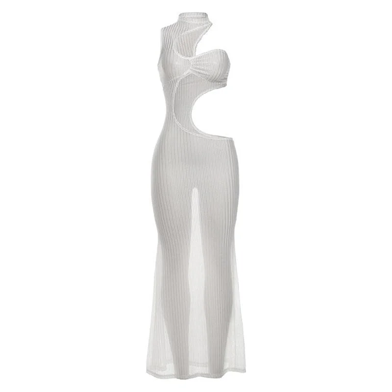 Hollow out see through one shoulder crewneck cut out maxi dress