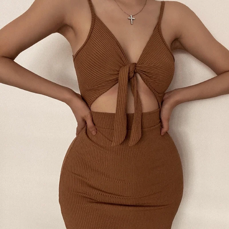 Hollow out slit knotted cami cut out maxi dress