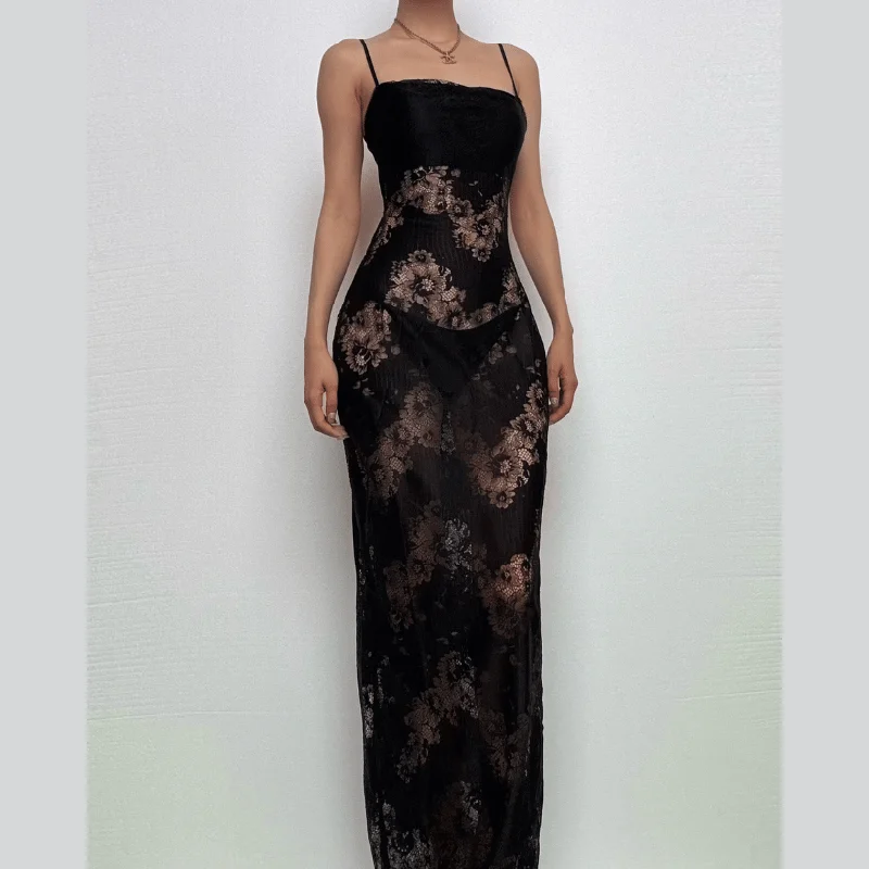 Lace patchwork backless slit cami maxi dress