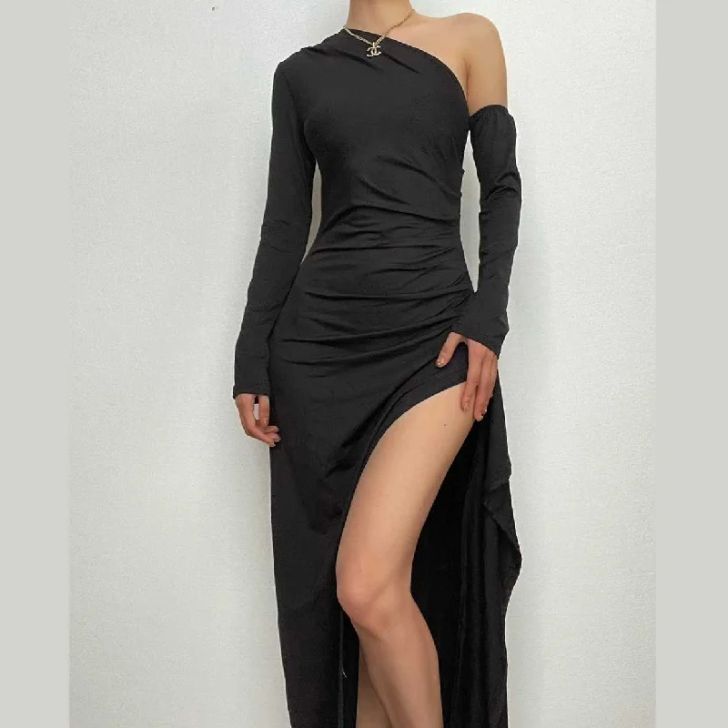 Off shoulder irregular ruched solid long sleeve slit maxi dress