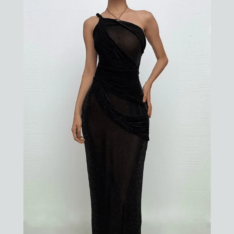 One shoulder irregular patchwork slit cami maxi dress