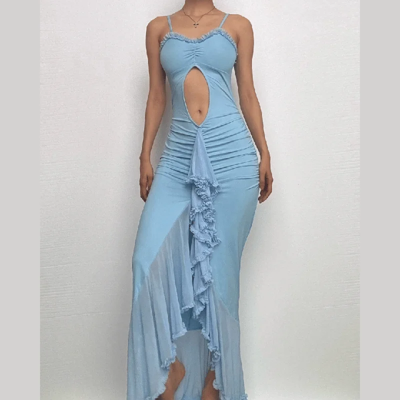 Ruffle high slit ruched hollow out cami cut out maxi dress