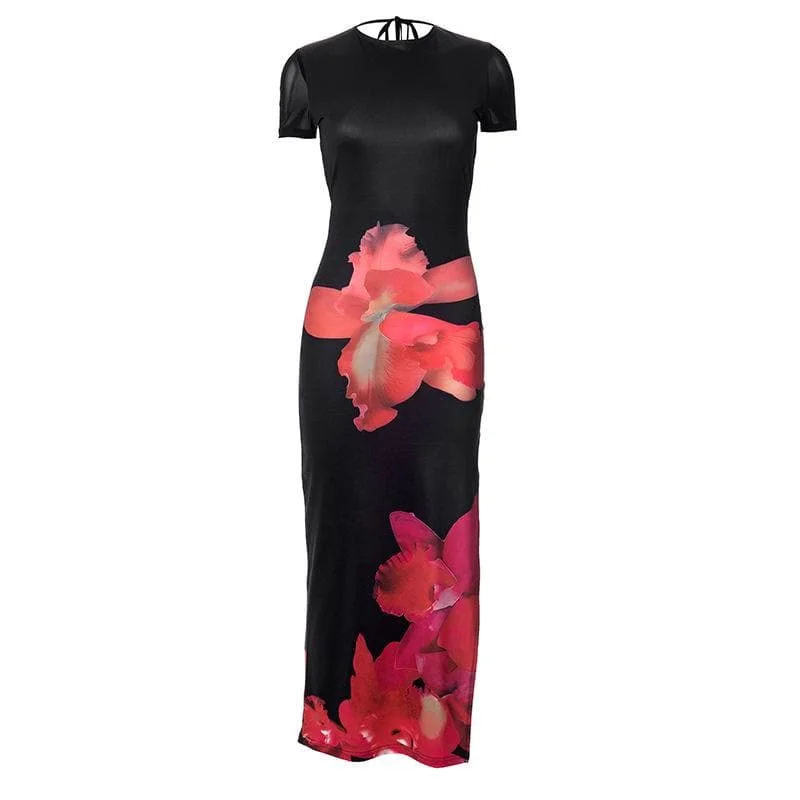 Short sleeve self tie flower print high slit maxi dress