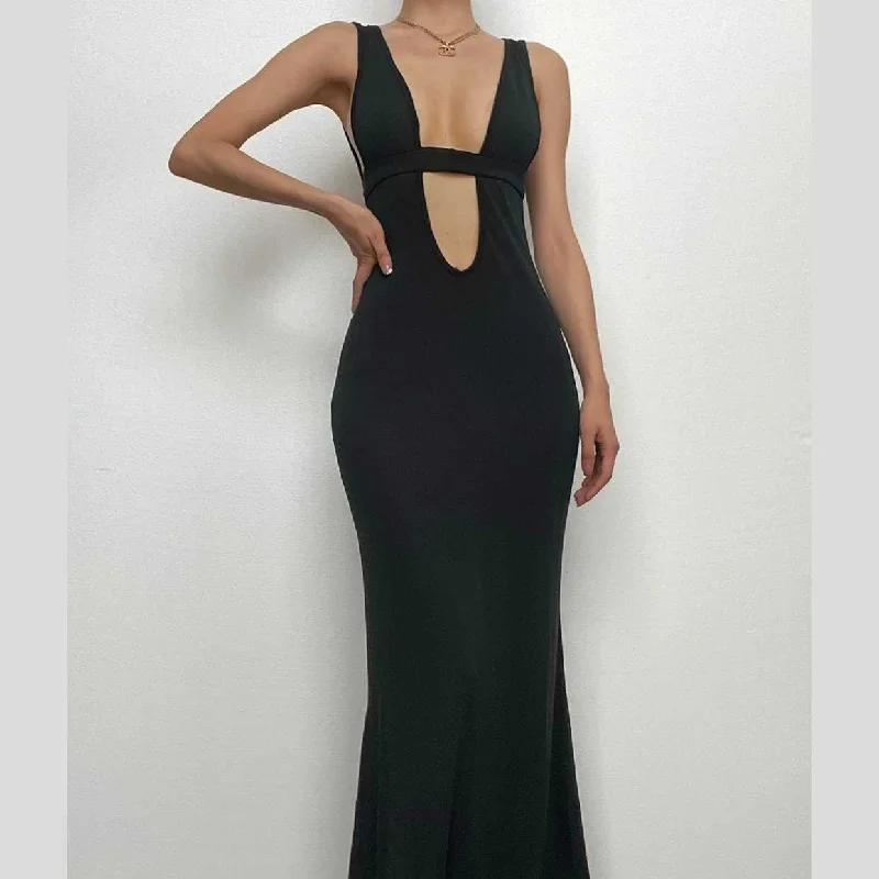 Sleeveless low cut hollow out solid backless cut out maxi dress