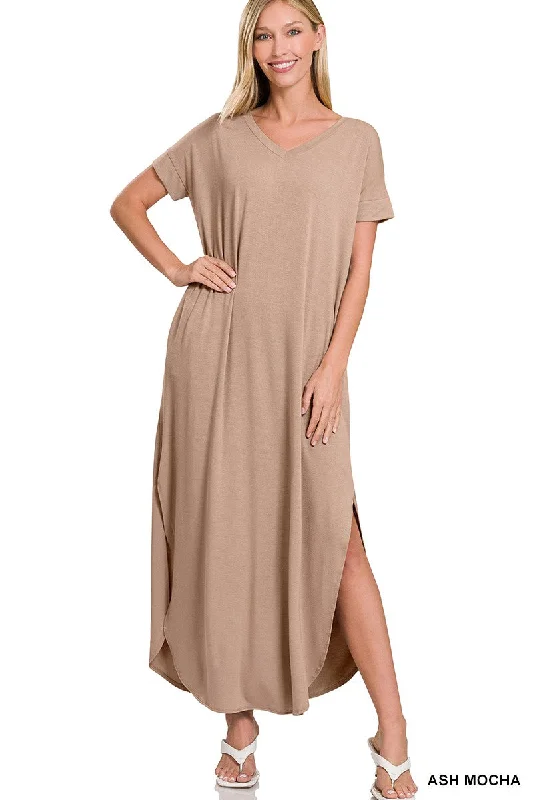 V Neck Short Sleeve Maxi Dress with Side Slits