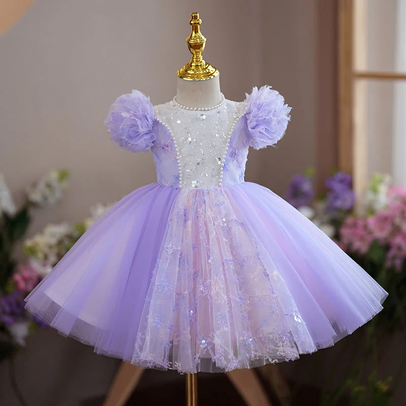 Toddler Prom Dress Girl Purple Puff Sleeves Birthday Party Dress