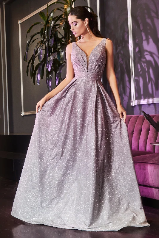 CINDERELLA DIVINE 9174 Metallic Ombre Deep V Neckline A-Line Evening Dress