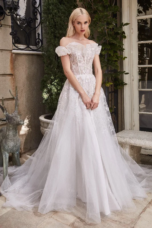 CINDERELLA DIVINE  A1090 Off-Shoulder Cape Sleeve Embroidery Ball Gown