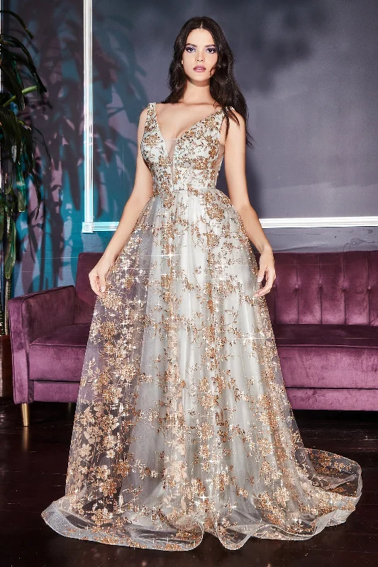 CINDERELLA DIVINE CB068 Metallic Lace Glitter Print A-Line Gown