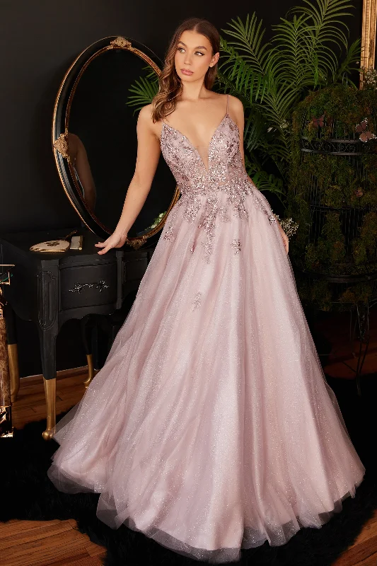 CINDERELLA DIVINE CB117 Sleeveless A-Line Lace Tulle V-Neck Gown