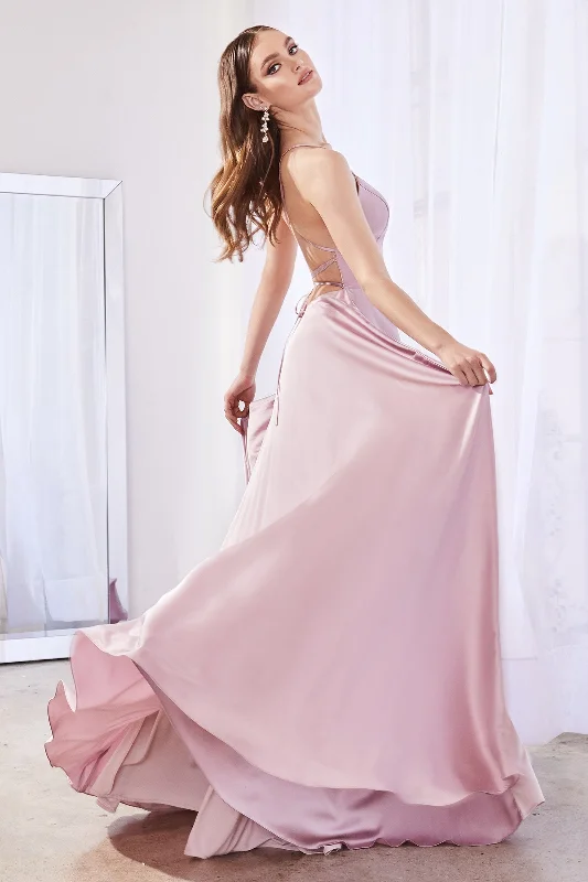 CINDERELLA DIVINE CJ527 A-Line Satin Gown with Slit