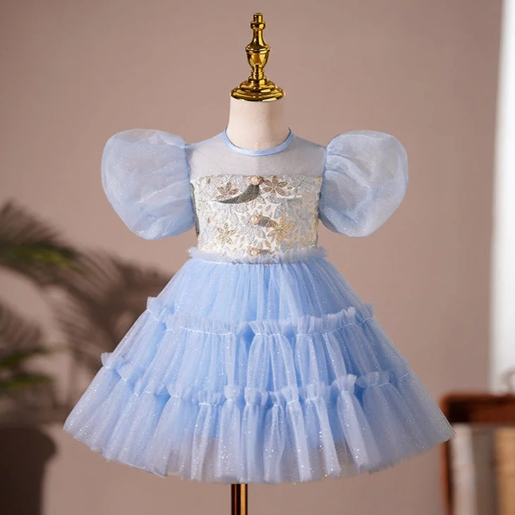 Baby Girl Summer Blue Printed Puffy Princess Party Dress