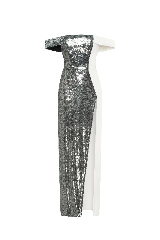 Noteworthy white satin maxi gown covered in silver sequins, Xo Xo