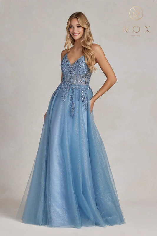 NOX ANABEL E1125 Glittered Tulle Corset Spaghetti Strap Prom Gown