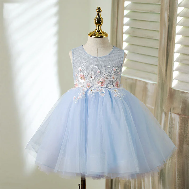 Toddler Prom Dress Girl Embroidery Flower Light Blue Sleeveless Embroidery Party Princess Dress