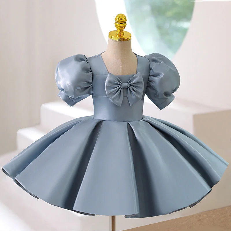 Toddler Prom Dress Girl Summer Vintage Blue Bow Birthday Party Formal Dress